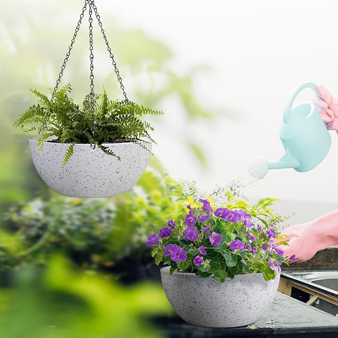 13 inch Large Hanging Planters Plant Pots for Outdoor Indoor Plants with Drainage Holes and Chain, 2 Pack Round Hanging Flower Pots for Garden Home Porch Decor, Speckled White-HomvellaHome