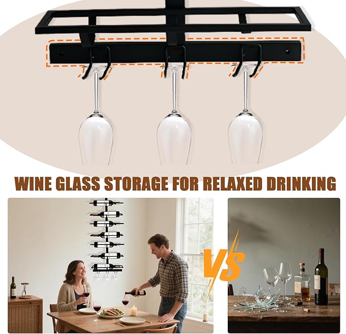 10 Bottle Wall Mount Wine Rack with Wine Glass Holder, Metal Wine Wall Rack, Wall Racks for Wine Bottles Display and Storage, Hanging Bottle Organizer for Living Dining Room Wine Cellar Bar (Black)-HomvellaHome