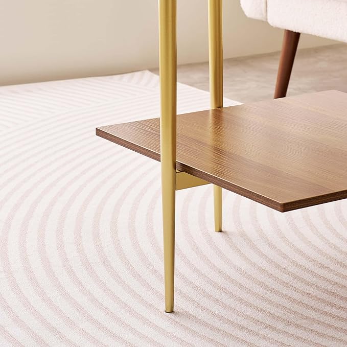 Glass End Table, Mid-Century Modern Design Sofa Table, for Living Room, 2-Tier Structure, Clear Glass Top and Walnut MDF Shelf, Sleek Conical Metal Legs with Gold Finish Frame-HomvellaHome