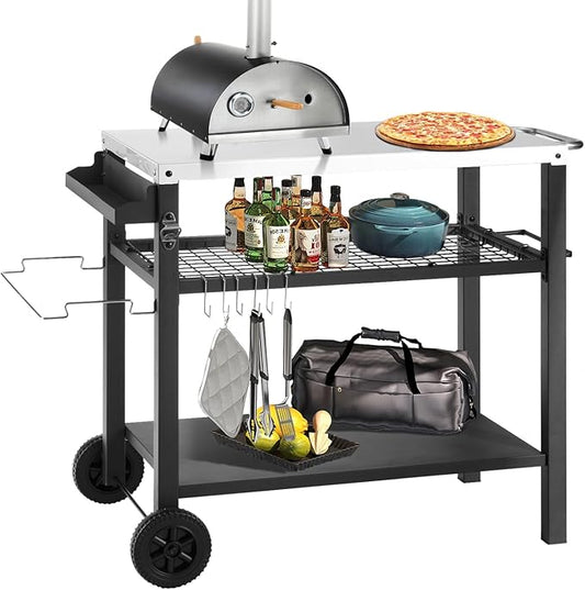 Grill Cart Table with Three Shelf, Movable Outdoor Dining Cart Pizza Oven Stand with Three Hooks, Kitchen Cart Island Multifunction Food Prep Table (Sliver)-HomvellaHome