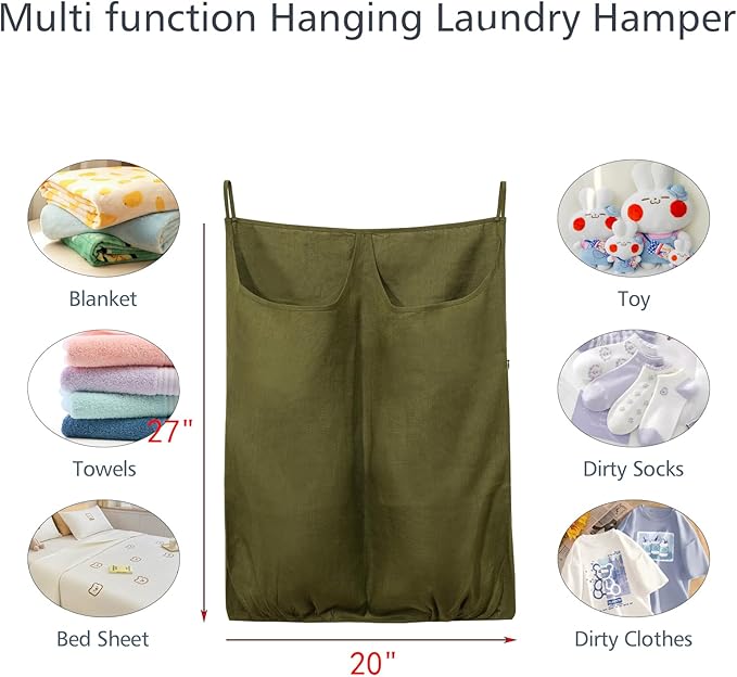100% Pure Linen Dual Hanging Laundry Bag with 2 Deep Pocket and 2 Side Zipper 20x27in, Over The Door Laundry Hamper Space Saving Hampers for Dirty Clothes Home Travel, Green-HomvellaHome