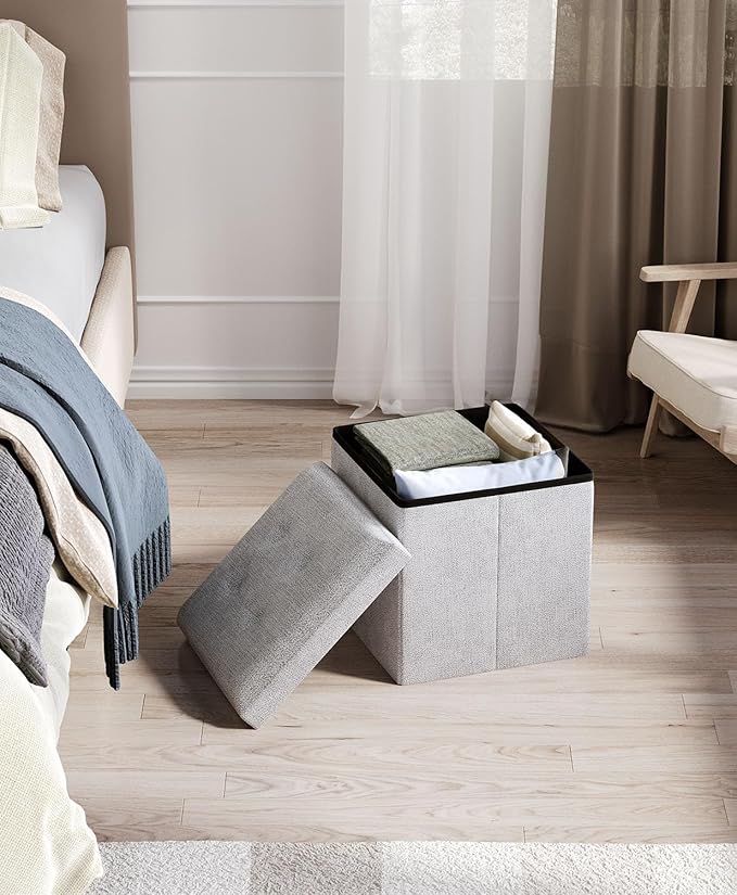 15 Inches Small Folding Storage Ottoman Cube, Storage Footrest, Foot Rest Stool, for Living Room, Bedroom, Dorm, Hallway, Entryway, Light Gray-HomvellaHome