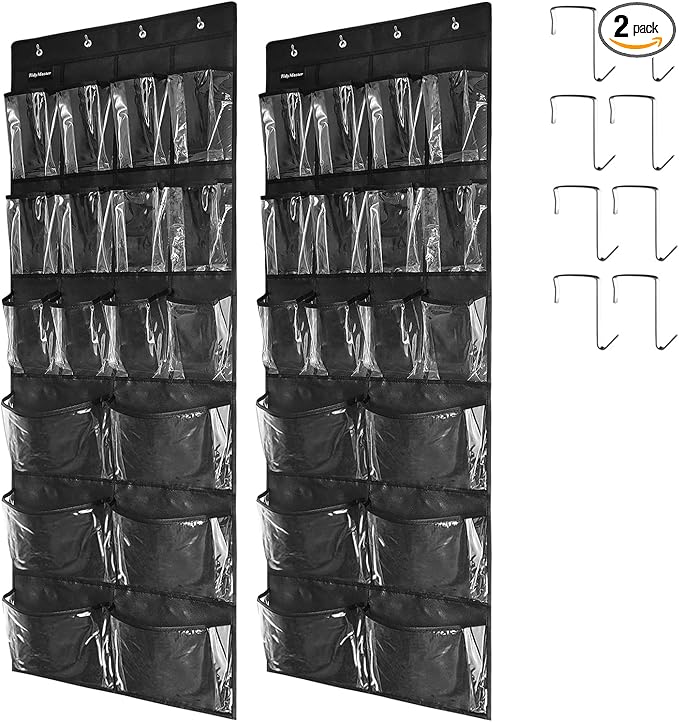 2 Pack Extra Large Hanging Over Door Shoe Organizers,closet shoe organizer shoe rack organizer shoe storage,12+6 Crytal Pockets,8Hooks,black (59"x 21.6")-HomvellaHome