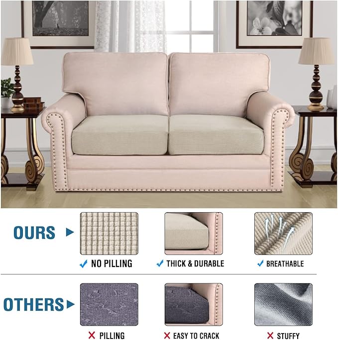 H.VERSAILTEX Super Stretch Individual Seat Cushion Covers Sofa Covers Couch Cushion Covers Slipcover Sets Thick Jacquard Textured Twill Fabric (2 Piece Medium Sofa Cushion Covers, Island Fossi)-HomvellaHome