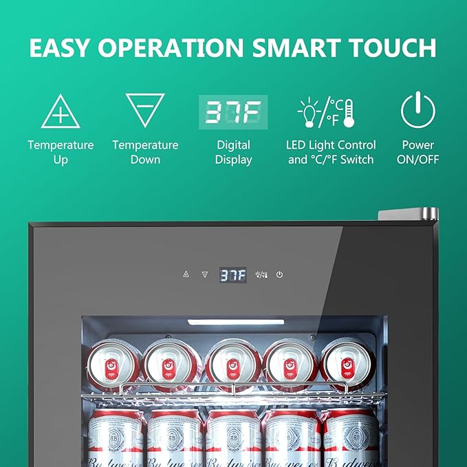 101 Cans Compressor Beverage Refrigerator, 17 Inch Drink Fridge with Glass Door, Adjustable Removable Shelves, Quiet Operation, Temp Memory, Beer Cooler for Soda, Beer, Water, Home Bar, Office-HomvellaHome