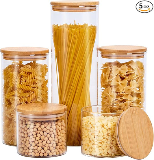 Glass Food Storage Jars with Lids[Set of 5], Perfect for Pasta, Cookies, Nuts, Coffee, Cereal, Flour, and More, Organize Your Kitchen and Pantry with these BPA-Free Glass Canisters-HomvellaHome