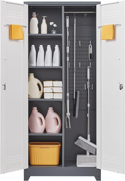 Garage Storage Cabinet,Broom Closet with Lock,Locking Cabinets with Hanging Rod & S-Hooks for School,Garage,Grey-White-HomvellaHome
