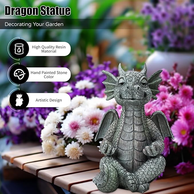 Garden Dragon Statue Decor - Meditation Dragon Sculpture Figurine Outdoor Decoration, Zen Yoga Garden Art Sculpture for Patio Lawn Yard Balcony Indoor Decor(Hands Flat)-HomvellaHome