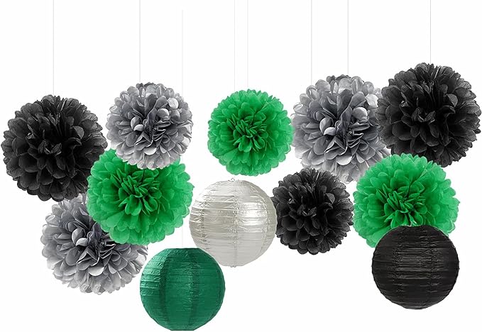 Green-Black Silver Party-Decorations Paper Flowers Lanterns - 15PCS Football Game Day Birthday Tissue Pom Poms Streamers, Bachelorette New Years Hanging Supplies Decor Hugfond-HomvellaHome