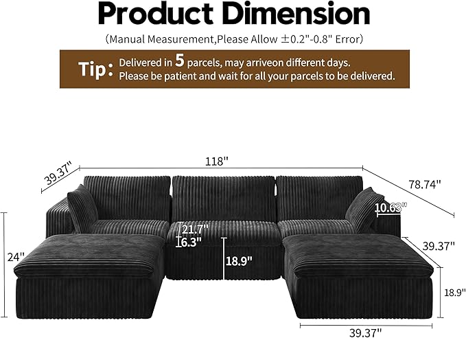 118" U Shaped Modern Sofa Modular Sectional Cloud Couch with 2 Ottoman,Upholstered Couches with Plush Corduroy Fabric for Living Room Furniture,Bedroom and Apartment,No Assembly Required,Black-HomvellaHome