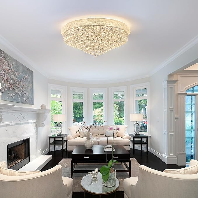 18-Light 32 inch Large Crystal Chandelier Flush Mount Ceiling Light Fixture for Living Room Dining Room Bedroom Foyer Entryway Chrome Finish-HomvellaHome