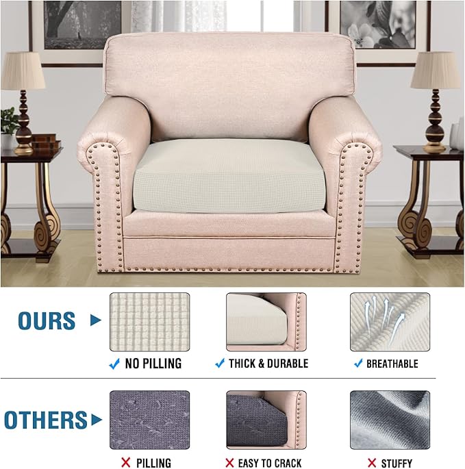 H.VERSAILTEX Super Stretch Individual Seat Cushion Covers Sofa Covers Couch Cushion Covers Slipcover Sets Thick Jacquard Textured Twill Fabric (1 Piece Chair Cushion Cover, Porcelain)-HomvellaHome