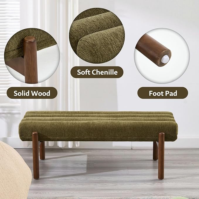 Green Upholstered Bench Modern End of Bed Bench Chenille Fabric Bedroom Bench for Entryway Living Room Vanity Makeup Room, 47" Long, Wooden Legs-HomvellaHome