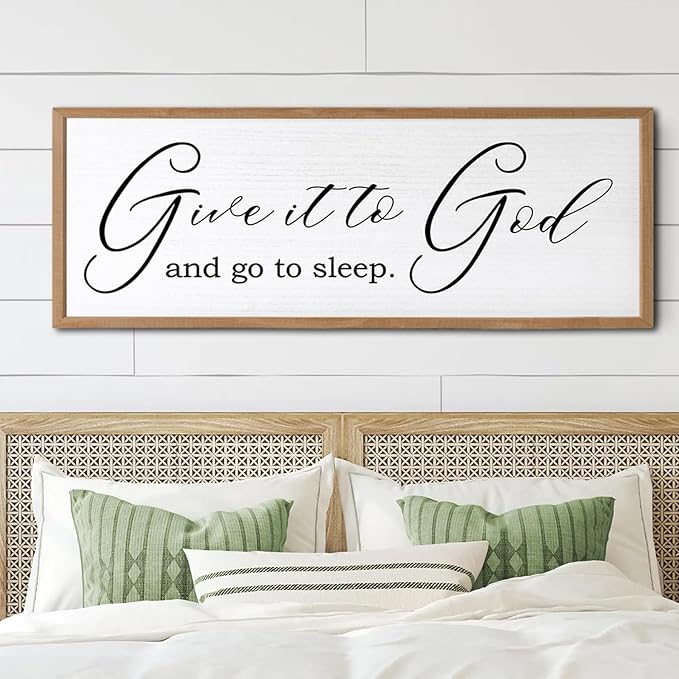 Give It To God And Go To Sleep Sign Wall Decor 40x15 Inch Large Farmhouse Master Bedroom Above Bed Hanging Wall Art Rustic Guest Room Wood Framed Over Bed Wall Decoration (Wood White)-HomvellaHome