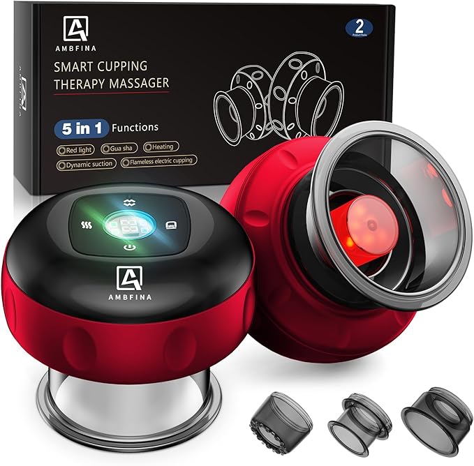 2 Electric Cupping Therapy Set, 5-in-1 Smart Cupping kit with Red Light Therapy, Gua Sha Massage Tool, Relieves Neck Shoulder Back Aches Muscle Soreness, Improves Blood Circulation - Red-HomvellaHome