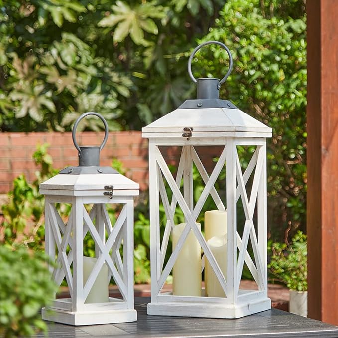 Glitzhome Mondern Farmhouse Wooden Lantern Hanging Decorative Candle Lantern for Outdoor & Indoor Wash White Set of 2 (No Glass)-HomvellaHome