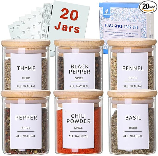Glass Spice Jars with Bamboo Lids - 20 Pcs Thicken(2.4mm) 6oz Airtight Seasoning Containers with 131 Waterproof Minimalist Spice labels Preprinted - Small herb Jars for Pantry Organization and Storage-HomvellaHome
