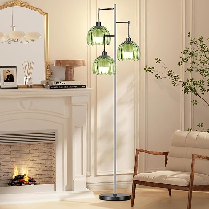 Glass Gold Floor Lamp for Living Room,Bedroom,Mid Century Modern Standing Lamp Brass Tree 3 Light Tall Floor Lamps Vintage Retro Floor Lights Green Flower Lamp Shade Farmhouse Boho Bohemian-HomvellaHome