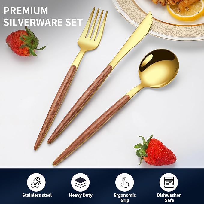 16 Pcs Gold Silverware Set with Simulated Wooden Handle for 4,Stainless Steel Cutlery Set,Mirror Polished Tableware Utensils Flatware Set,Include Knives Spoons and Forks set,Dishwasher Safe-HomvellaHome