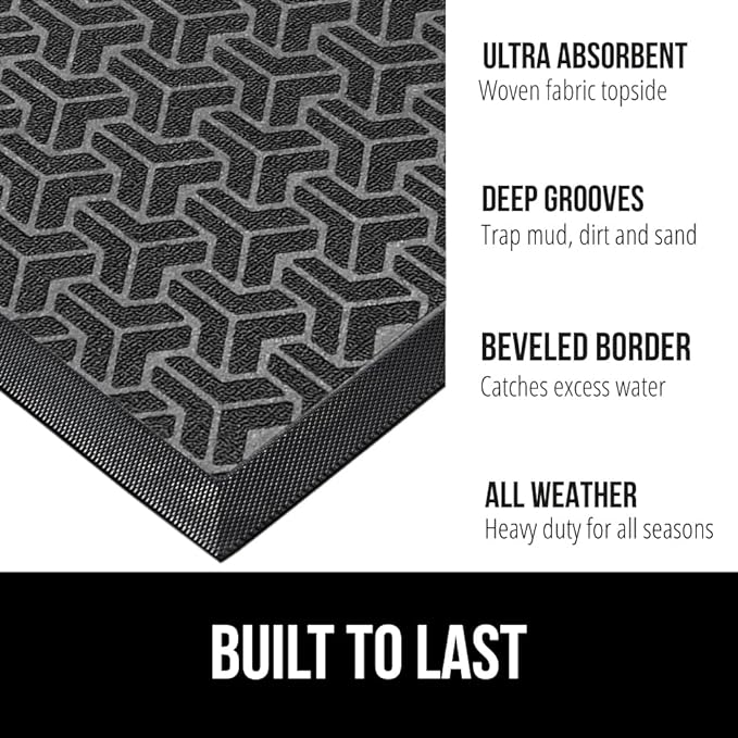 GORILLA GRIP 100% Waterproof All-Season WeatherMax Doormat, 47x35, US Designed Natural Rubber, Stain and Fade Resistant, Low Profile Indoor Outdoor Door Mats, Easy Clean Patio Mat, Slate Geometric-HomvellaHome