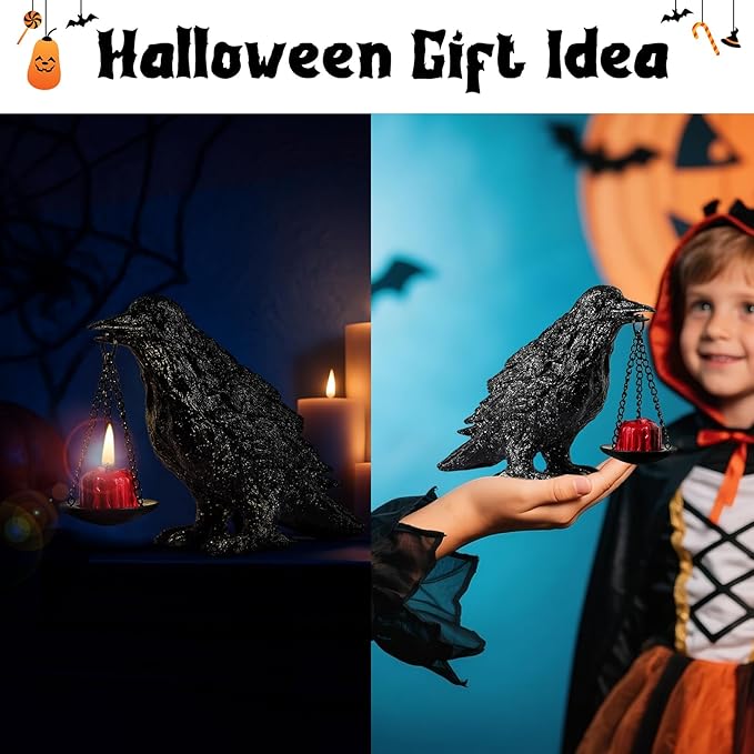 Gothic Crow Lamp Tealight Candle Holder Raven Statue for Indoor Outdoor Decor Halloween Garden Resin Statue Black Stone-HomvellaHome