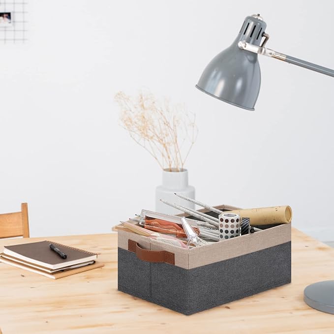 GhvyenntteS Small Fabric Storage Bins 12 Pack, 11.8" x 7.87" x 5.11" Storage Basket with Leather Handles, Closet Storage Bins for Shelves, Storage Baskets for Shelves, DVD Storage (Grey&Beige Yellow)-HomvellaHome