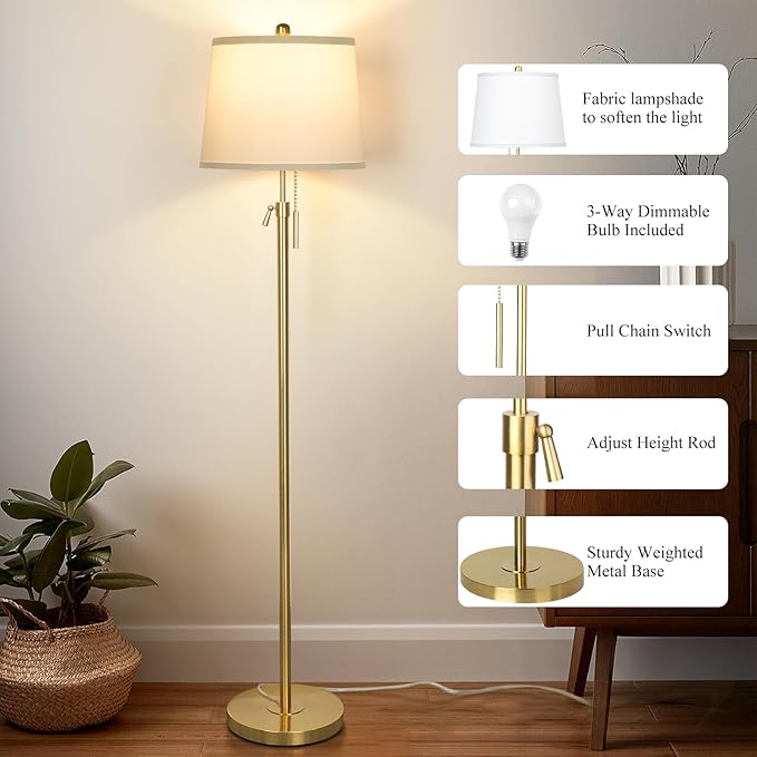 Gold Floor Lamp for Living Room, Tall Standing Lamp 55-65" Adjustable Modern Brass Floor Lamps for Bedroom Reading Office Kids 3 Color Lights Corner Night Stand (9W LED Bulb, White Shade)-HomvellaHome
