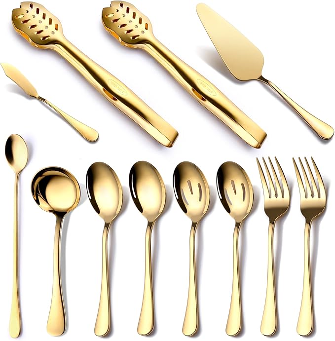 Gold Serving Utensils, OGORI 12-Piece Stainless Steel Serving Utensils Include Serving Spoons, Slotted Spoons, Serving Tongs, Serving Forks, Butter Knife, Stirring Spoon, Soup Ladle, Pie Server-HomvellaHome