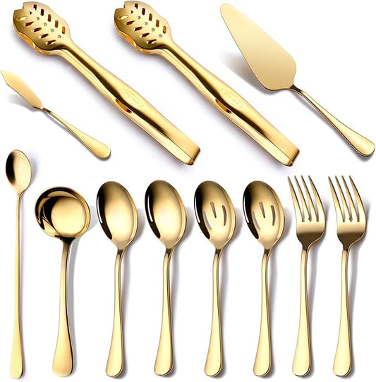 Gold Serving Utensils, OGORI 12-Piece Stainless Steel Serving Utensils Include Serving Spoons, Slotted Spoons, Serving Tongs, Serving Forks, Butter Knife, Stirring Spoon, Soup Ladle, Pie Server-HomvellaHome