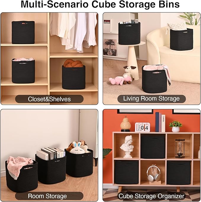 11 Inch Cube Storage Bins, Storage Cube Organizer Bins, Woven Cotton Rope Basket for Storage, Storage Baskets for Organizing Shelves, Square Baskets for Toys, Black (Pack of 3)-HomvellaHome