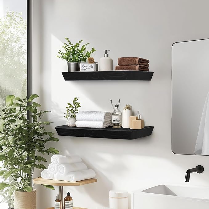 16"x6.8"x1.6" Slanted Floating Wall Shelves 2-Pack - Rustic Black Finish, Heavy-Duty Solid Wood Design with Hidden Brackets - Perfect for Living Room, Kitchen, Bathroom, or Office-HomvellaHome