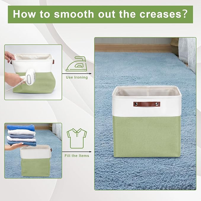 13x13 Cube Storage Bins, Collapsible Fabric Storage Box, 4 Pack Closet Baskets with Handles for Organizing, Shelf, Toys, Clothes, Home, Office, Nursery (Green&White)-HomvellaHome