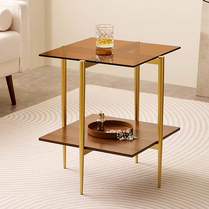 Glass End Table, Mid-Century Modern Design Sofa Table, L41 x W21 x H17, for Living Room, 2-Tier Structure, Clear Glass Top and Walnut MDF Shelf, Sleek Conical Metal Legs with Gold Finish Frame-HomvellaHome