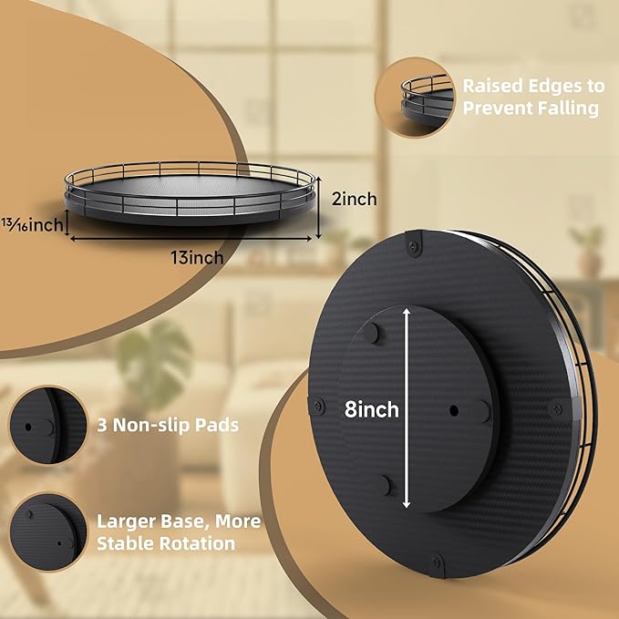 13" Lazy Susan Turntable Organizer for Table Top, Round Wooden Lazy Susan for Cabinet Kitchen Decor Centerpieces Coffee Table, Storage Condiments Spices, Bathroom Vanity Tray for Soap, Black-HomvellaHome