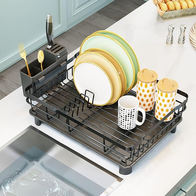 GAXmi Dish Drying Rack Over The Sink Drainer with Drainboard Utensil Holder, 1-Tier Black-HomvellaHome