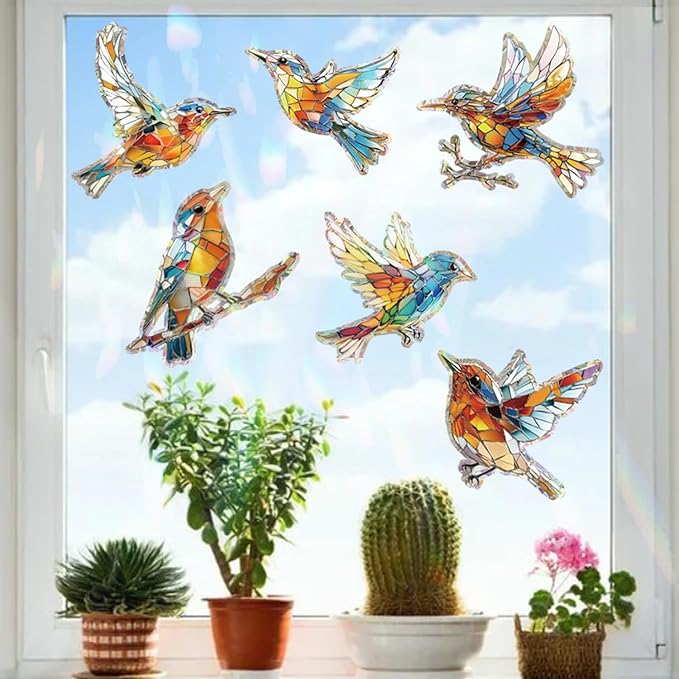 12pcs Window Decals for Bird Strikes, Anti Collision Window Clings, Rainbow Reflection Window Sticker, Hummingbird Style Sun Catcher Stickers for Glass Windows-HomvellaHome