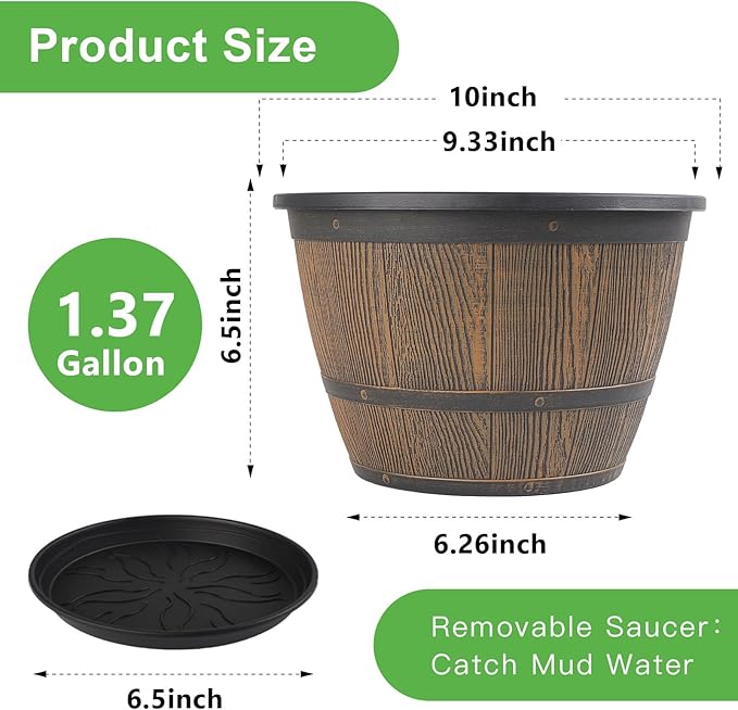 10-inch-Plant-Pots-Indoor-Outdoor, 4 Pack Whiskey Barrel Planters with Drainage Holes & Saucer, Plastic Flower Pots Imitation Wine Barrel Design, Decorative Garden Pots for Plants-HomvellaHome