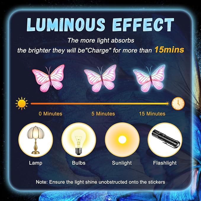 Glow in The Dark Butterfly Flower Wall Decals Glowing Luminous Butterflies Removable Self-Adhesive Wall Stickers for Girls Bedroom Nursery Living Room Decor 4 Sheets (Butterfly 3)-HomvellaHome