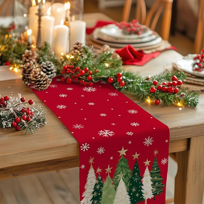 GEEORY Christmas Table Runner 13x72 Inch, Xmas Trees Snowflakes Winter Holiday Decorative Farmhouse Table Decorations for Kitchen Dinning, Indoor Outdoor Dinner Party Decor (Red) GT150-72-HomvellaHome