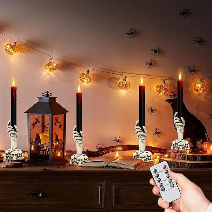 GenSwin Halloween Black Taper Flameless Candles with Ghost Hand Candlesticks and Remote Timer, 2 Pcs Battery Operated Taper Candles with Holder and 3D Flame for Halloween Decor-HomvellaHome