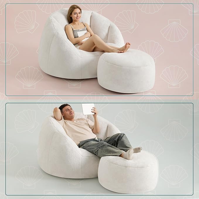Giant Bean Bag Chaise Lounge Indoor Chair for Adults - Comfy Plush Round Shell Soft Accent Chair, Oversized Cozy Floor Sofa for Living Room, Bedroom & Game Rooms, Beige-HomvellaHome