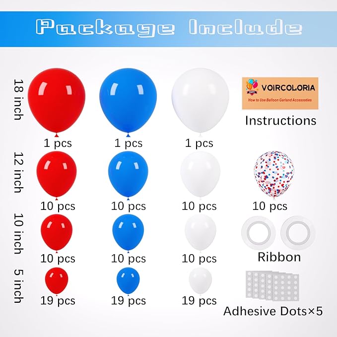 130pcs Red White Blue Balloons Different Sizes 18" 12" 10" 5" Party Latex Balloons for Birthday Graduation 4th of July Independence Day Anniversary New Year Holiday Party Decorations-HomvellaHome