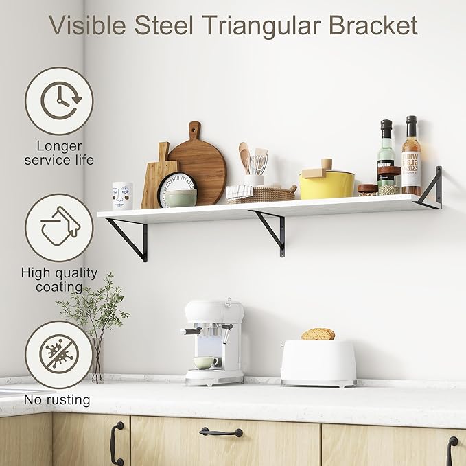 12 Inch Deep Floating Shelves, White Floating Shelves 48W x 12D, Deep Wall Shelves Bracket Set of 2, Large Display Hanging Floating Shelf for Bathroom, Living Room, Wide Storage Wooden Wall Shelf-HomvellaHome