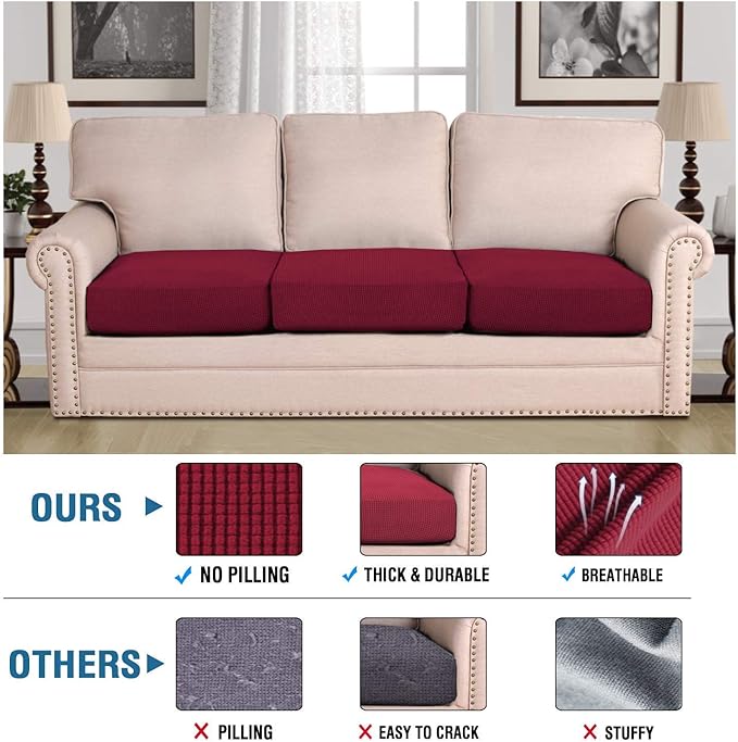 H.VERSAILTEX Super Stretch Individual Seat Cushion Covers - Sofa & Couch Cushion Slipcover Sets - Thick Jacquard Textured Twill Fabric (3 Piece XL Sofa Cushion Covers, Burgundy Red)-HomvellaHome