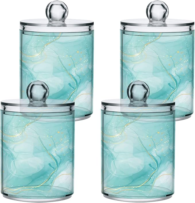 2 Pack Qtip Holder Dispenser Turquoise Marble Bathroom Storage Canister Lid Acrylic Plastic Apothecary Jar Set Vanity Makeup Organizer for Cotton Swabs/Pads/Floss-HomvellaHome