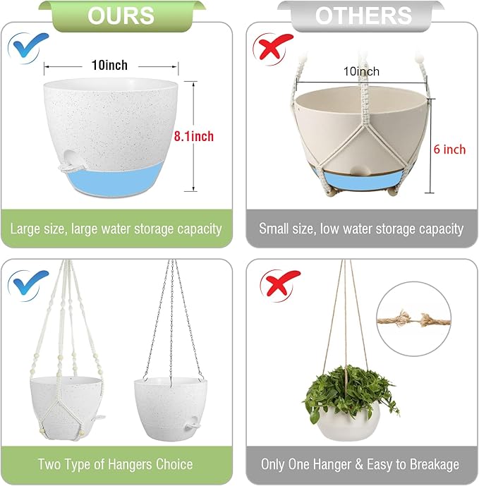 10 inch Self Watering Hanging Planters, 2 Pack Hanging Baskets for Indoor Outdoor Plants, Hanging Flower Pots with Drainage Holes and 2 Kinds of Plant Hangers for Garden Decor, Speckled White-HomvellaHome