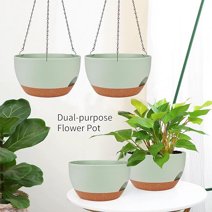 2 Pack Hanging Planters for Indoor Outdoor Plants, 12 Inch Self Watering Hanging Pot with Drainage Holes and Saucer, Plastic Plant Pots, Green Brown Flower Pots for Kitchen, Balcony, Garden-HomvellaHome