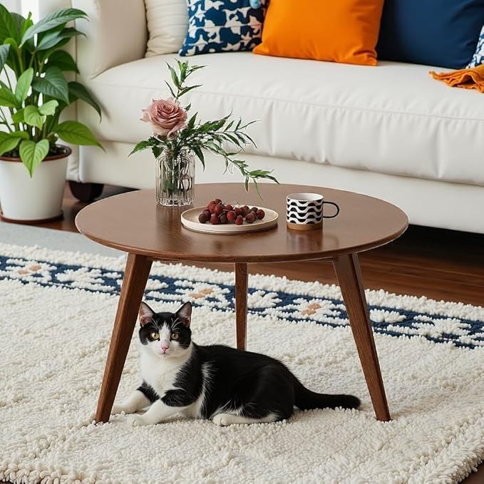 100% Solid Oak Wood Mini Coffee Table, Round Side Table w/Solid Wood Legs, Walnut Mid Century Coffee Table w/Sturdy Frame for Bedroom Balcony Living Room (29.53" D x 17.72" H)-HomvellaHome