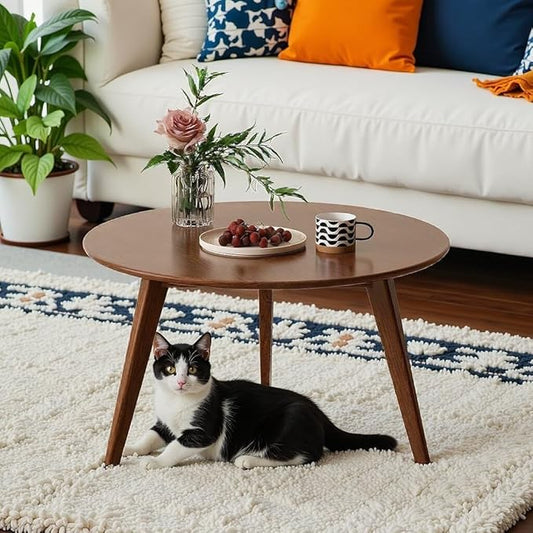 100% Solid Oak Wood Mini Coffee Table, Round Side Table w/Solid Wood Legs, Walnut Mid Century Coffee Table w/Sturdy Frame for Bedroom Balcony Living Room (29.53" D x 17.72" H)-HomvellaHome