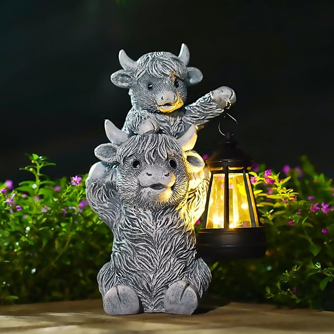Goodeco 9.5 Inch Highland Cow with Solar Lantern – Resin Garden Decor, Outdoor Statue & Unique Highland Cow Gifts (Gray)-HomvellaHome